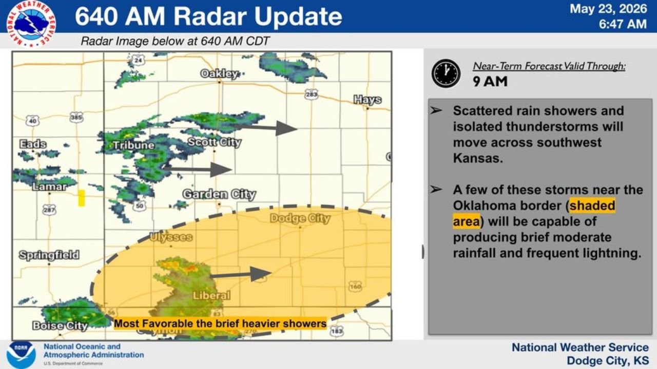 Southwest Kansas and the Oklahoma Border Face Scattered Storms and Heavy Showers Through 9 AM Saturday