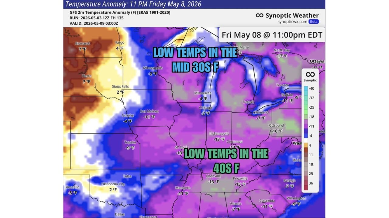 Temperatures Crash 15 Degrees Below Normal by Friday Bringing Frost Threats to the Great Lakes and 40s Lows Across the Midwest and South