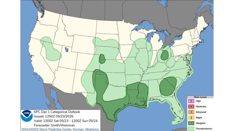 Texas, Georgia, South Carolina and Ohio Face Marginal Risk Severe Storms Saturday as Multi-Region Threat Spans the Southern Plains to the East Coast