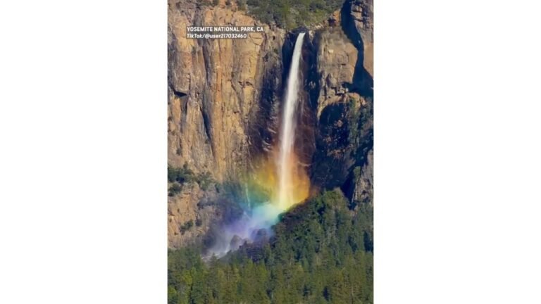 Yosemite Falls in California Produces a Stunning Rainbow Waterfall as Sunlight Hits the Mist at Perfect Angle