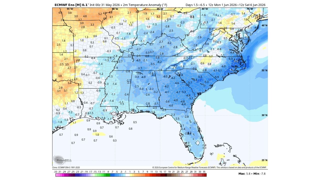 Atlanta, Charlotte and the Carolinas Face a Cool and Dry Start to June as Cold Air Pushes South Through the First Week