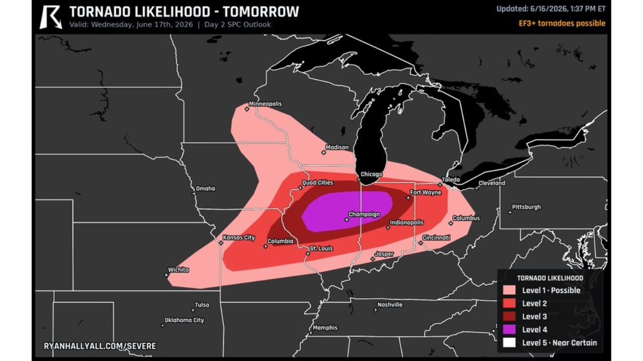 EF3 Tornadoes Are on the Table for Springfield, Peoria, and Champaign Illinois This Wednesday as Tornado Likelihood Reaches Near Certain Levels