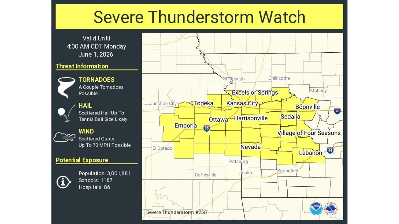 Severe Thunderstorm Watch Covers Kansas City and Topeka Until 4 AM Monday With Tennis Ball Hail, 70 MPH Winds and Tornadoes Possible