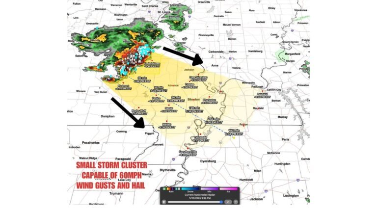 Storm Cluster Capable of 60 MPH Winds and Hail Tracks Toward Cape Girardeau and Sikeston Missouri Through Early Evening Sunday
