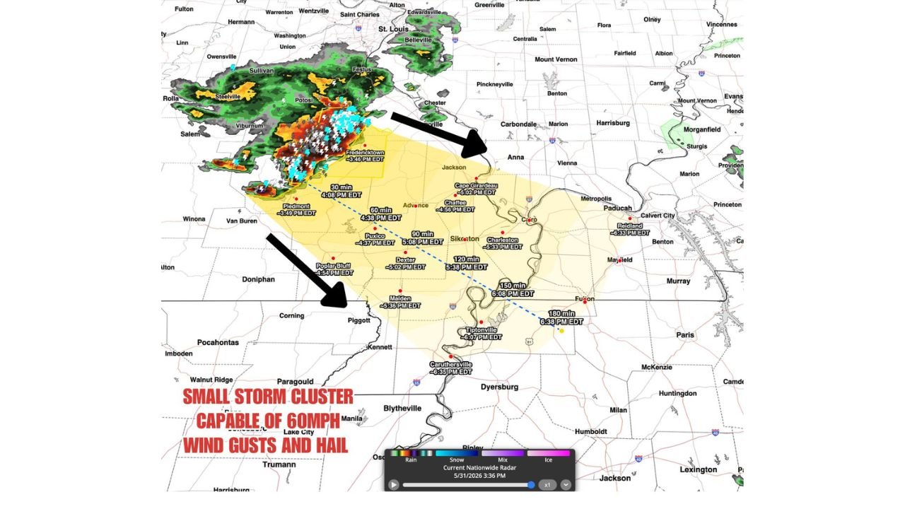 Storm Cluster Capable of 60 MPH Winds and Hail Tracks Toward Cape Girardeau and Sikeston Missouri Through Early Evening Sunday