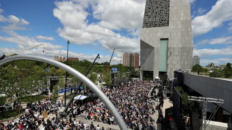 Crowds and performers gathering for the Obama Presidential Center grand opening in Chicago