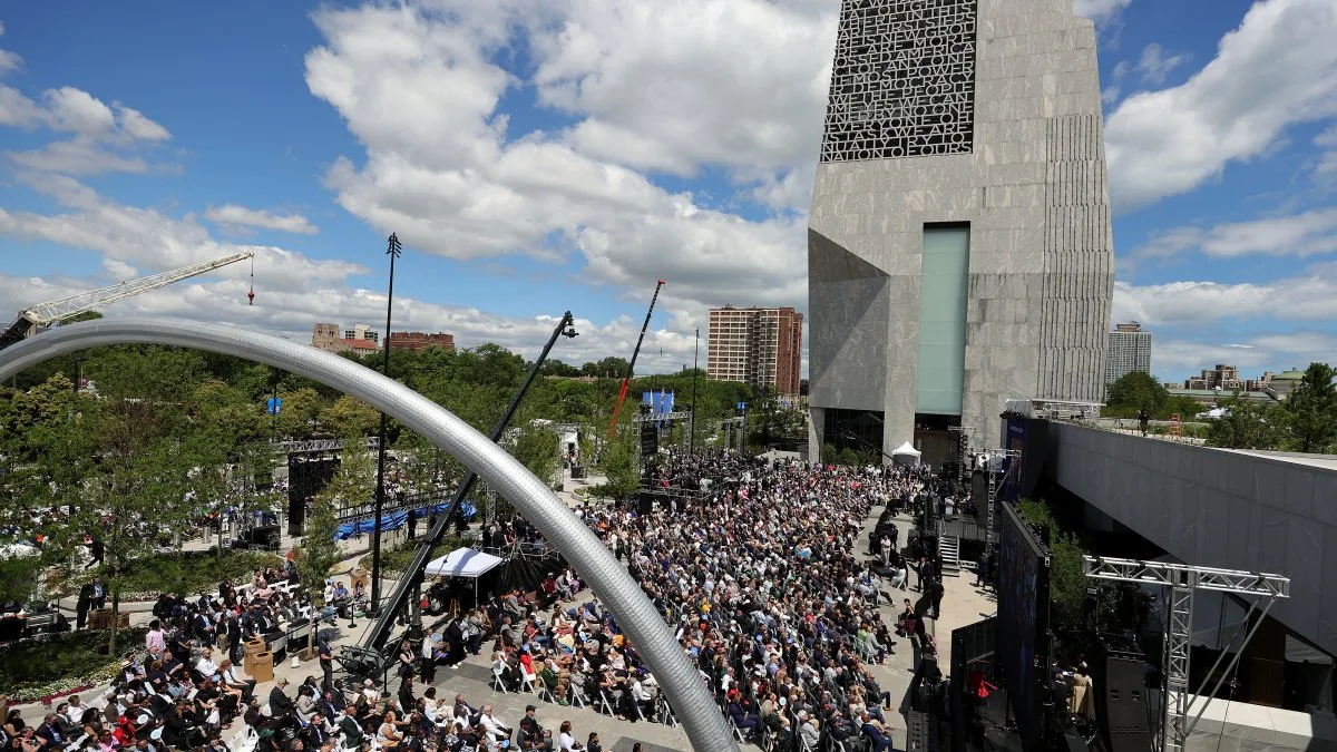 Crowds and performers gathering for the Obama Presidential Center grand opening in Chicago