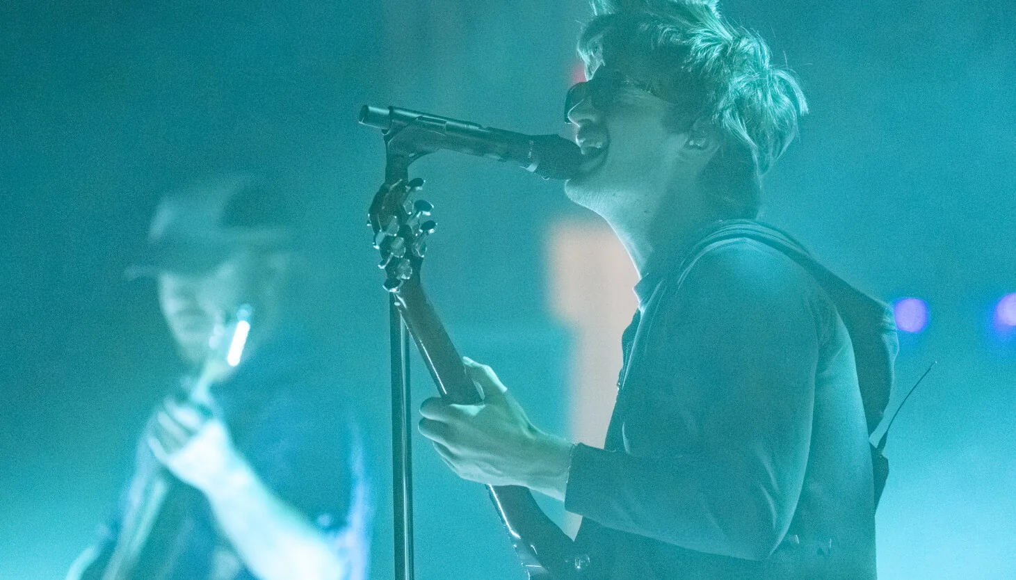 Joe Keery performs with Djo onstage at Chicago Theatre during a sold-out homecoming show