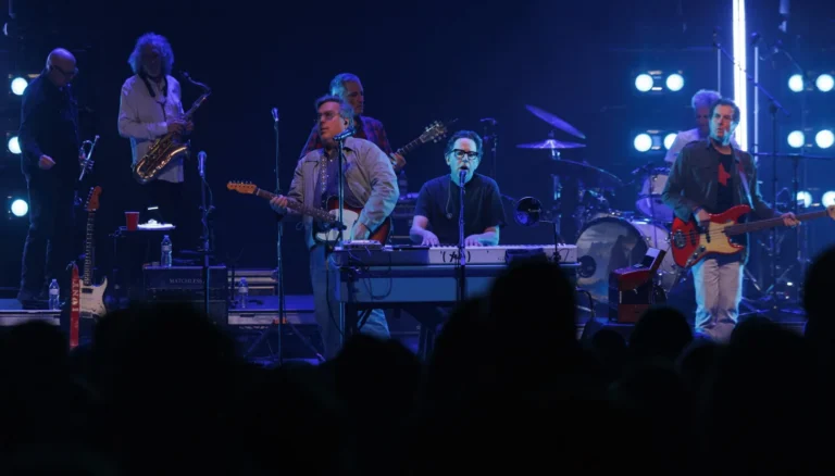 They Might Be Giants performing onstage at the Vic Theatre in Chicago with horns and guitars