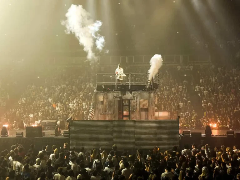 A$AP Rocky performs on a dystopian arena stage during his Chicago tour opener