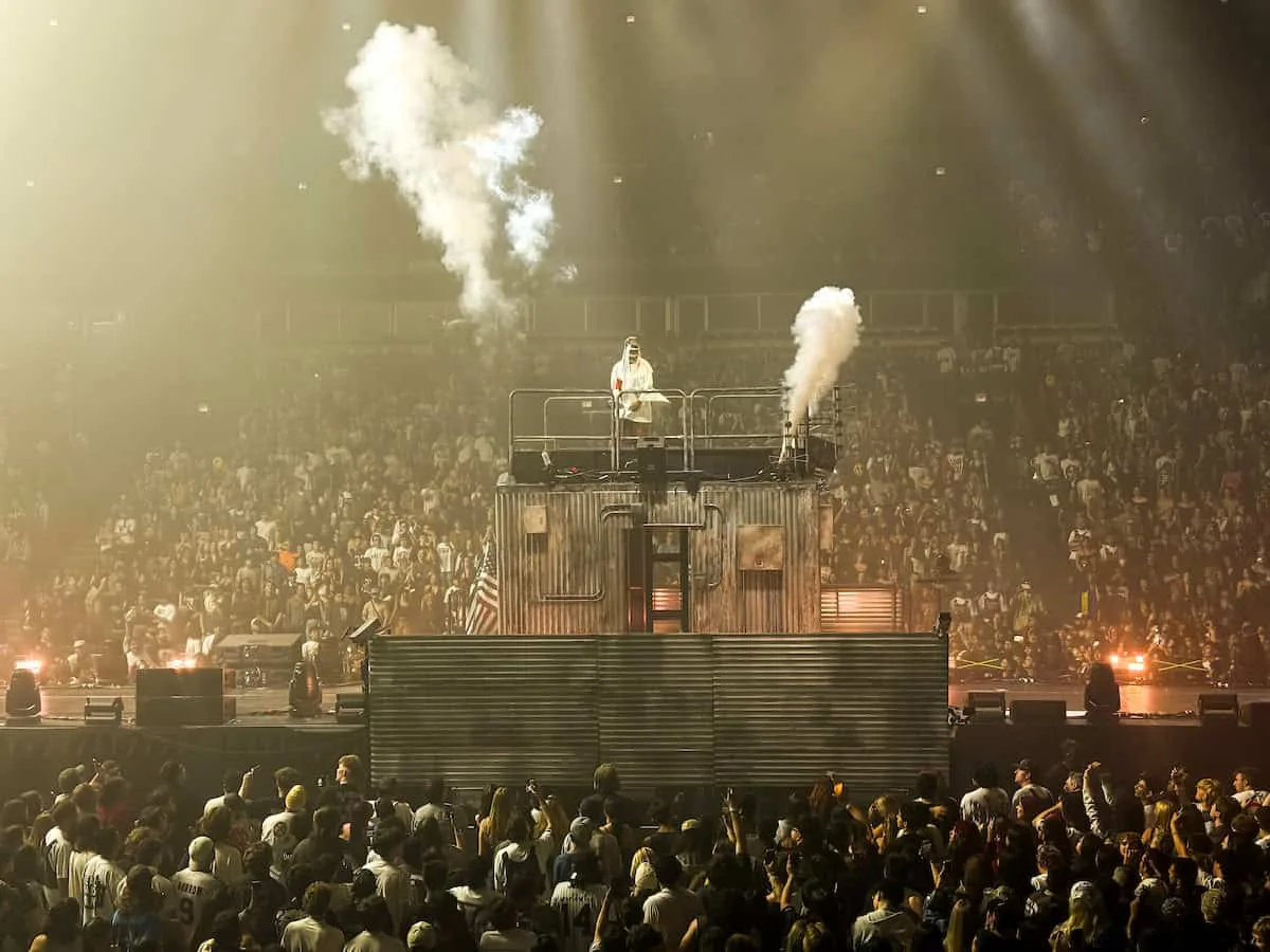 A$AP Rocky performs on a dystopian arena stage during his Chicago tour opener