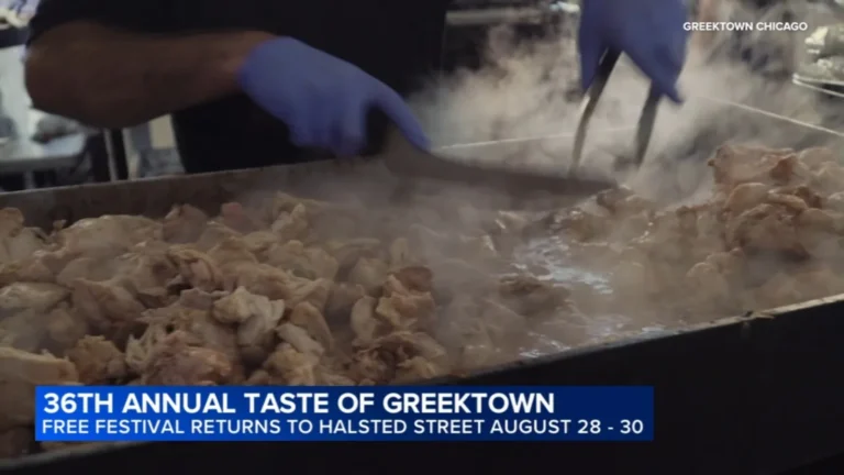 Taste of Greektown festival signage with Greek food and dancing in Chicago