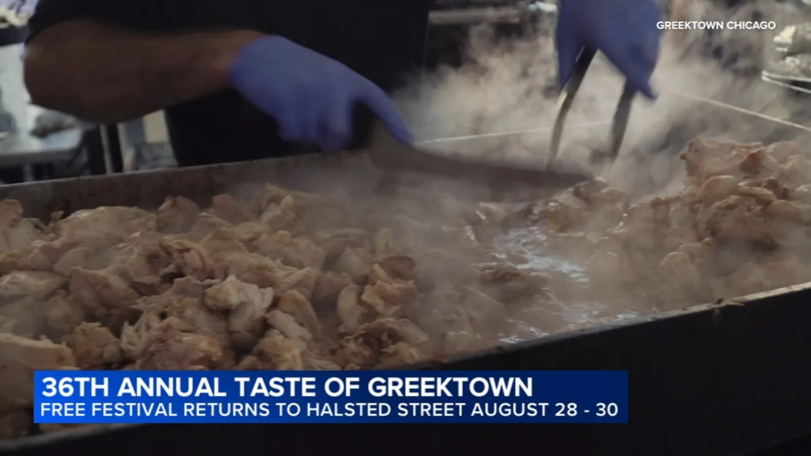 Taste of Greektown festival signage with Greek food and dancing in Chicago