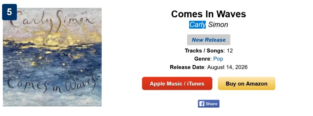 Carly Simon’s First Album in 18 Years, Comes in Waves, Surges Into Itunes Top 10, Sells Out on Amazon Overnight and Draws Rave Reviews From USA Today