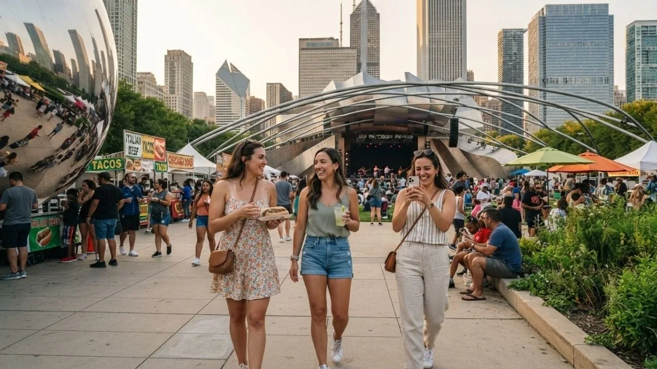 Crowds gather near Millennium Park during a Chicago summer festival
