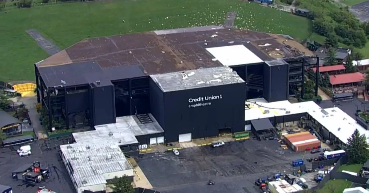 Debris scattered across the grounds of Credit Union 1 Amphitheatre after severe storms in Tinley Park