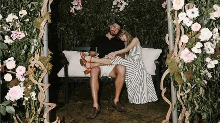 Taylor Swift and Travis Kelce at a wedding-related event after their engagement