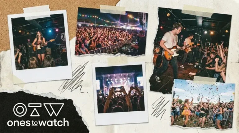 Chicago skyline and festival crowds with concert and architecture event listings