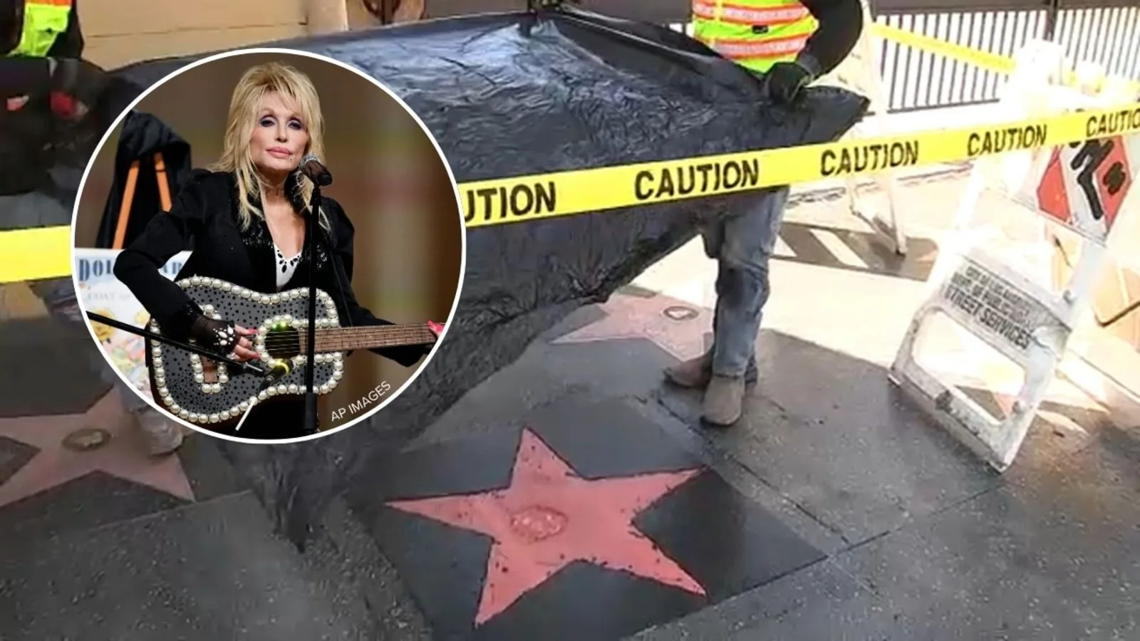 Dolly Parton’s Hollywood Walk of Fame star with flowers and tributes nearby after vandalism