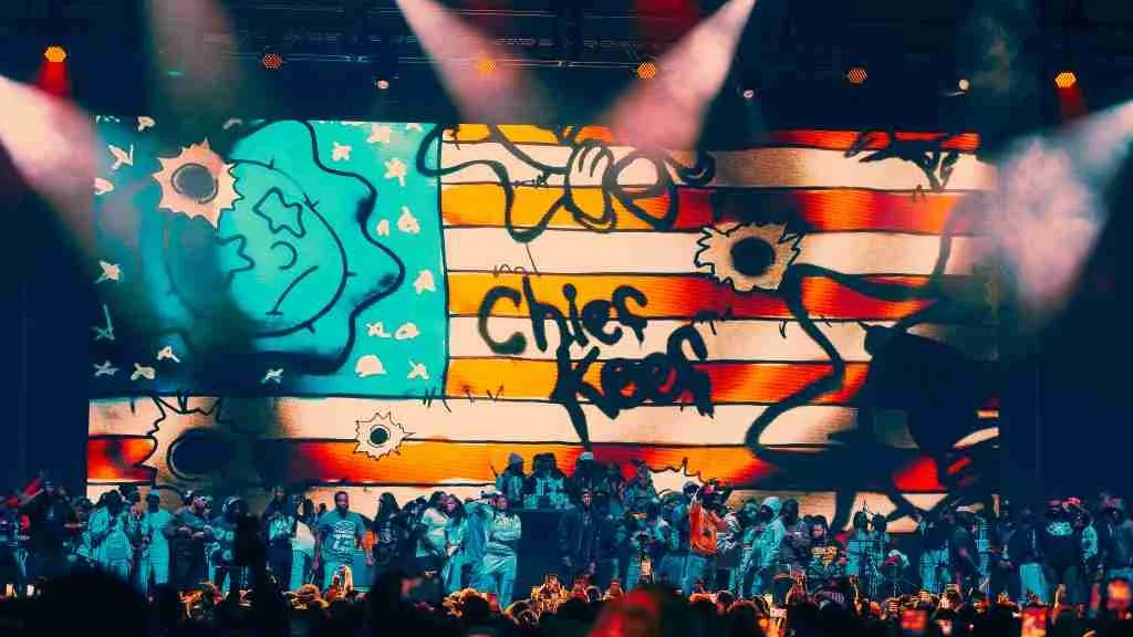 Chief Keef performing at Huntington Bank Pavilion in Chicago with fans packed in front of the stage
