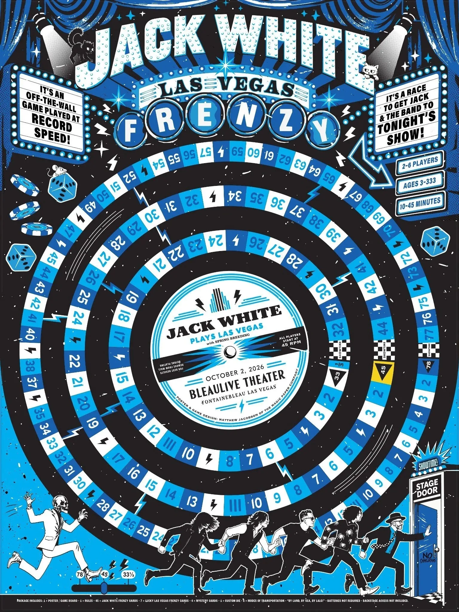 Jack White concert poster designed as a board game with record-groove paths and playing pieces